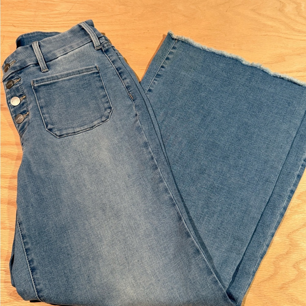 NYDJ Medium Blue Wide-Leg High-Rise Jeans with Frayed Hem